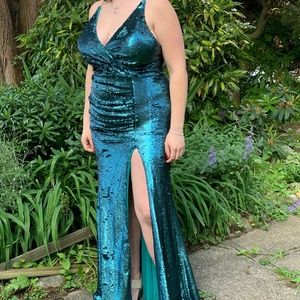 Shimmering Teal Sequin Gown - Size 16 - Portia & Scarlett